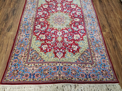 Semi Antique Persian Isfahan Rug, Kork Wool on Silk Foundation, Red & Blue, Top Quality, 3'6" x 5' 6"