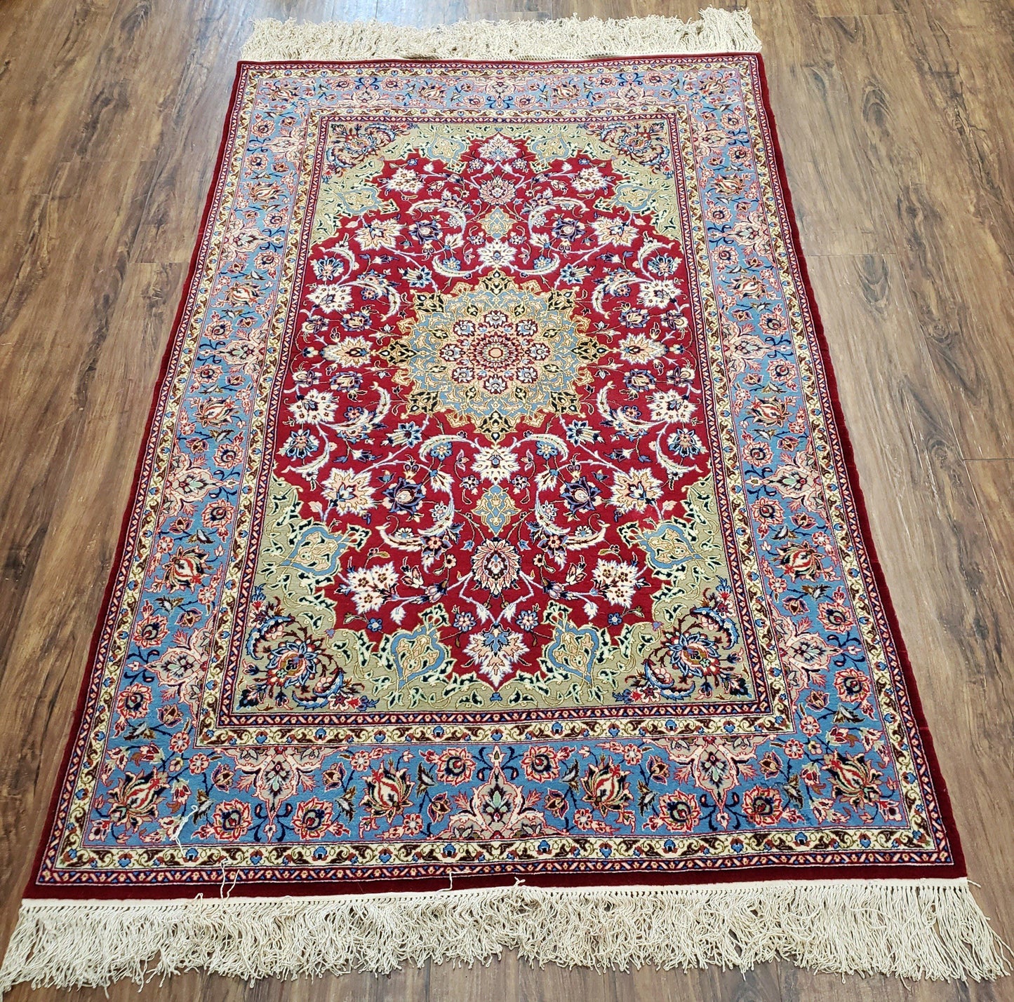 Semi Antique Persian Isfahan Rug, Kork Wool on Silk Foundation, Red & Blue, Top Quality, 3'6" x 5' 6"
