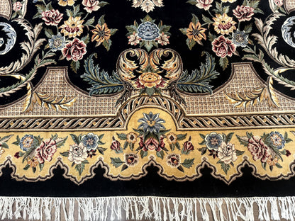 Aubusson Rug 9x12 Black And Beige Floral Elegant Handmade Carpet