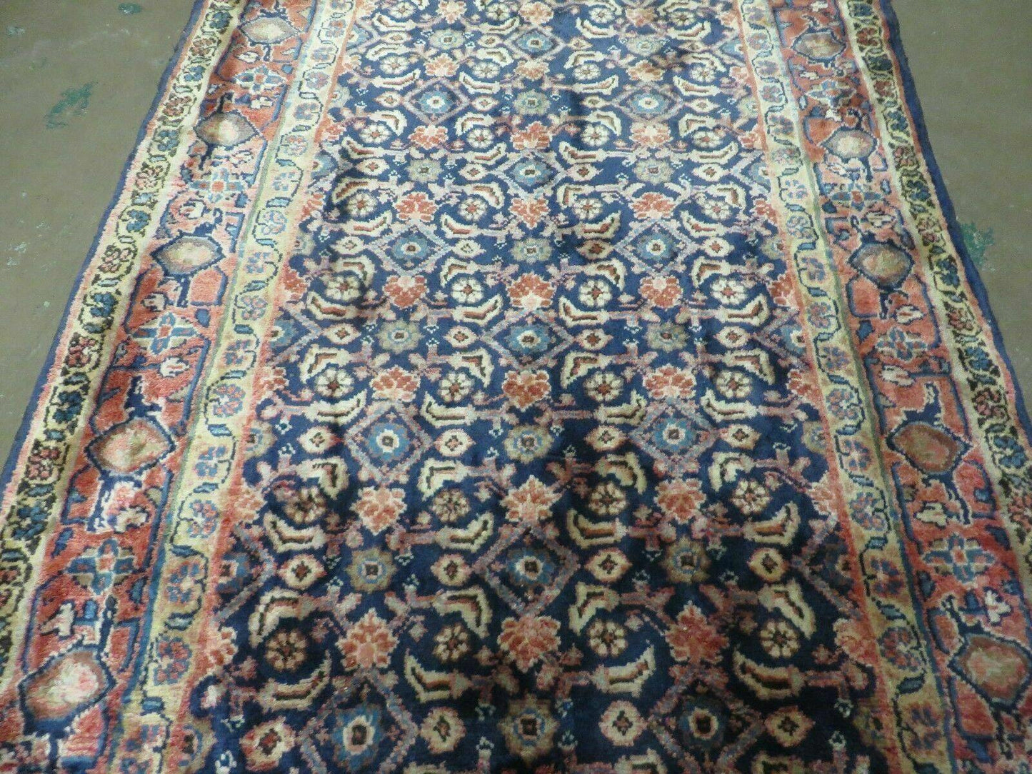 Antique Indian Floral Wool Runner Rug Handmade Oriental Blue 3ft7in X 10ft