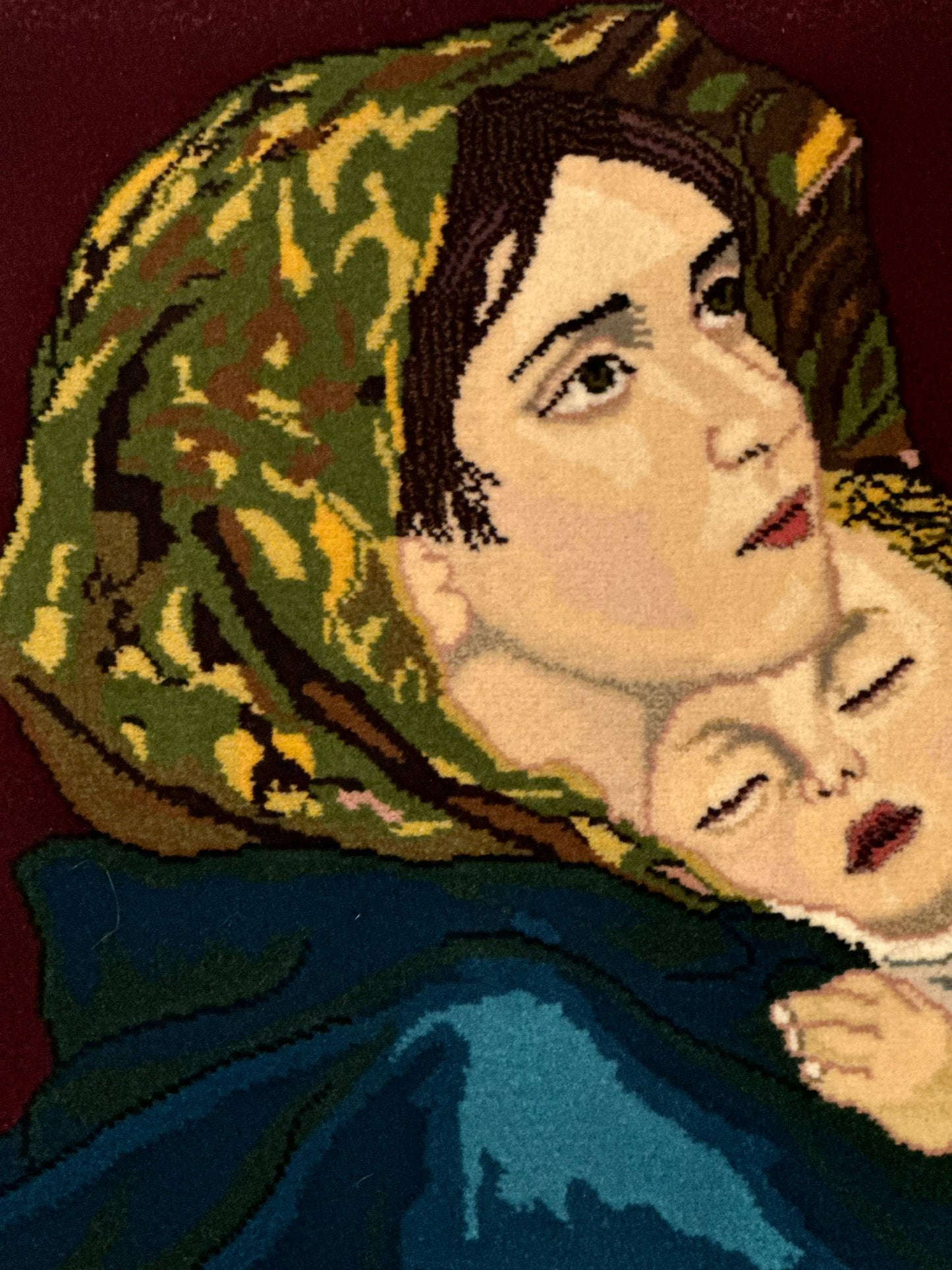 Small Persian Tabriz Pictorial Rug 2x2, Mother Holding Child, Very Fine 340 KPSI, Maroon