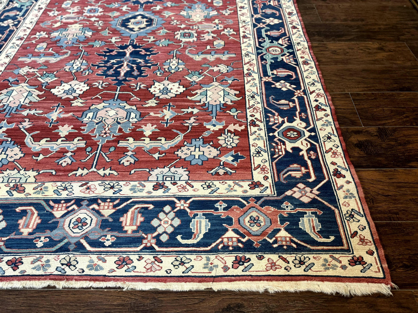 Turkish Flatweave Rug Heriz Design 6x9 Vintage Handknotted Wool Red Blue