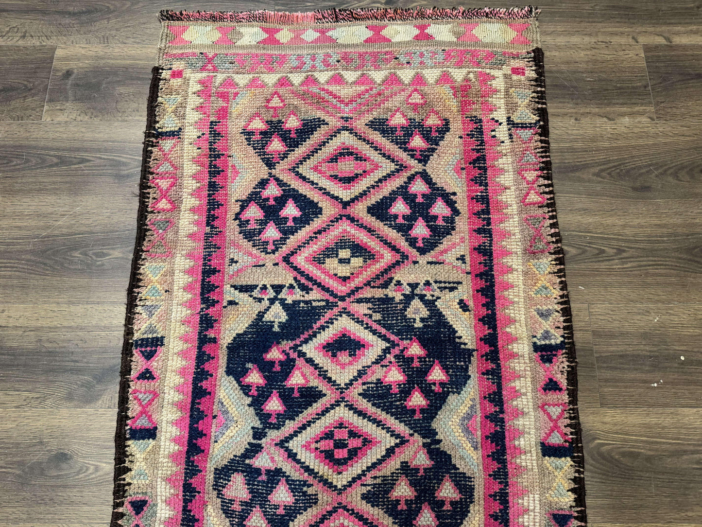 Turkish Runner Rug 3x10, Pink and Navy Blue, Bohemian Runner for Hallway or Kitchen, Vintage, Geometric, Tribal