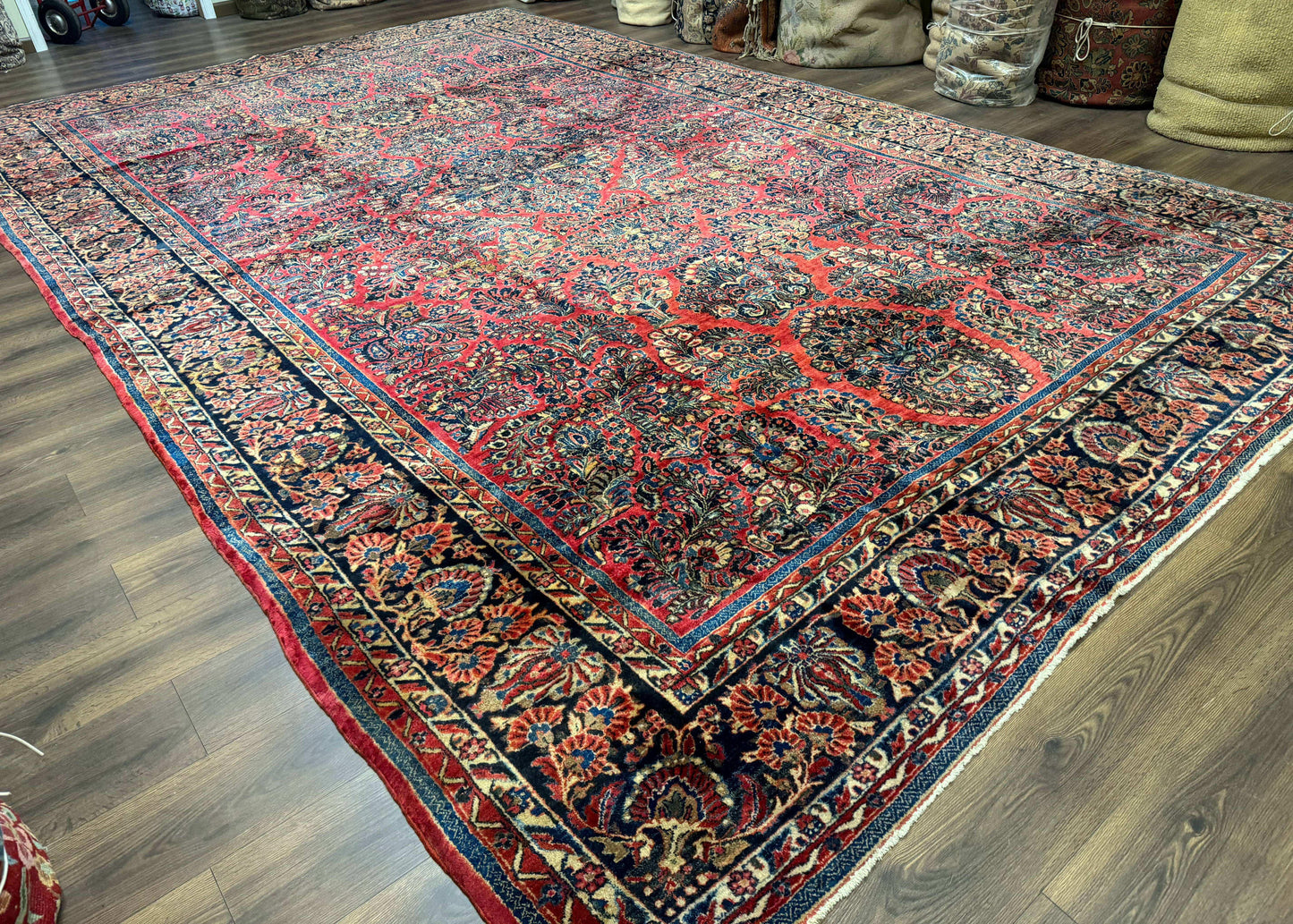 Persian Sarouk Rug 10x16 Palace Size Antique Red Carpet With Floral Medallion
