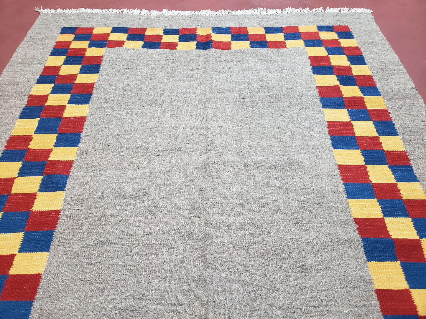 Turkish Kilim Rug Hand Knotted Wool Area Rug 5 Ft 6 In By 8 Ft Gray With Colorful Checker Border