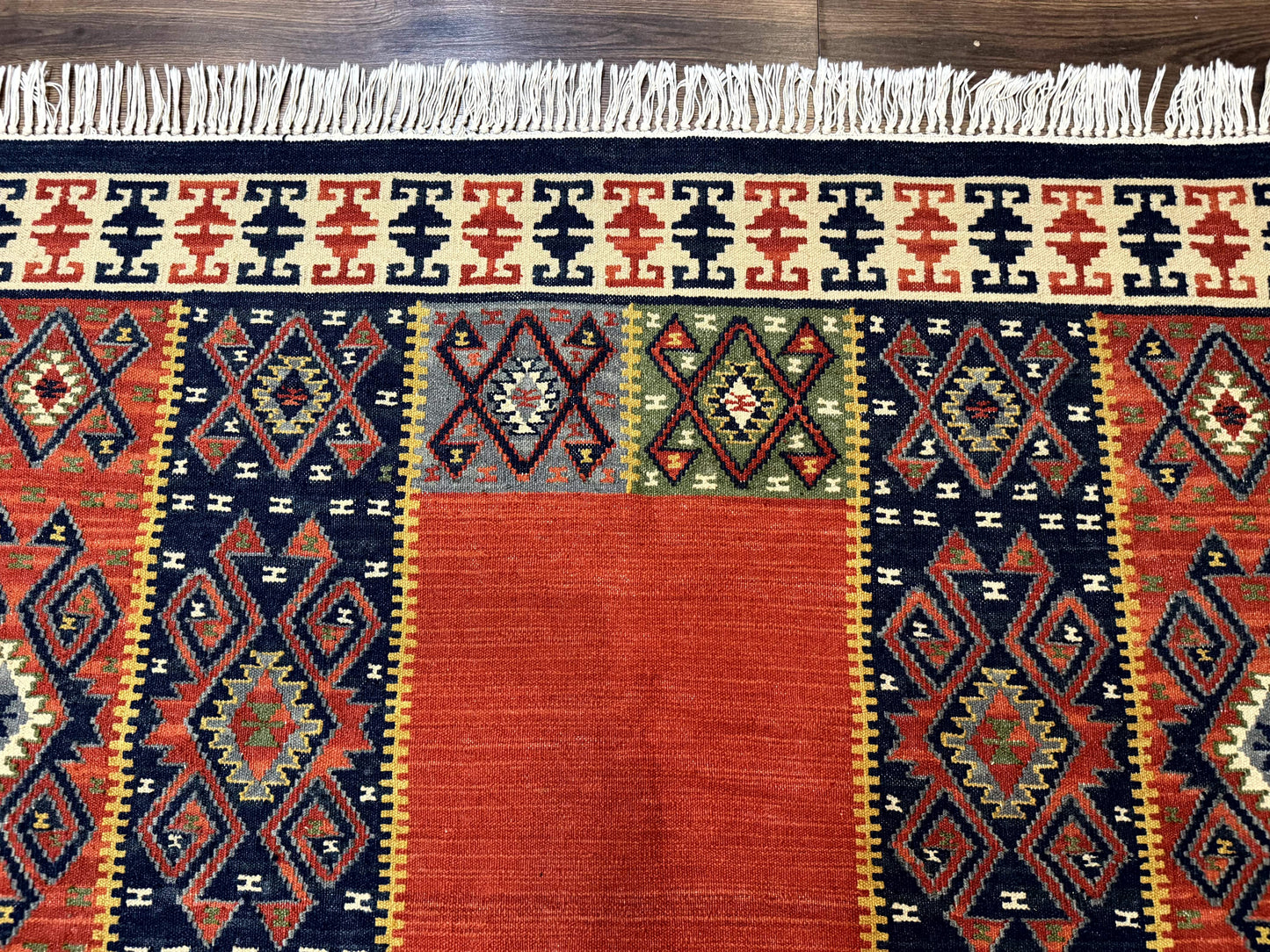 Turkish Kilim Rug 5x8 Handmade Flatweave Bohemian Carpet Terracotta Navy