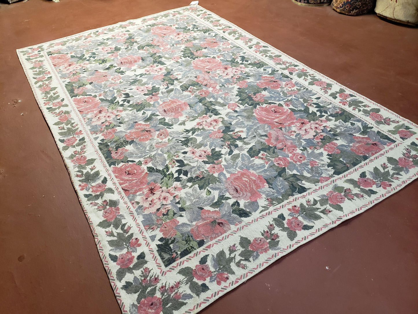 Needlepoint Rug 5 Foot 4 Inch By 8 Foot 3 Inch Wool Flat Weave Floral Ivory Pink Flowers Green Leaves