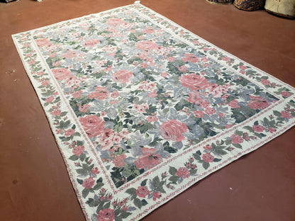Needlepoint Rug 5 Foot 4 Inch By 8 Foot 3 Inch Wool Flat Weave Floral Ivory Pink Flowers Green Leaves