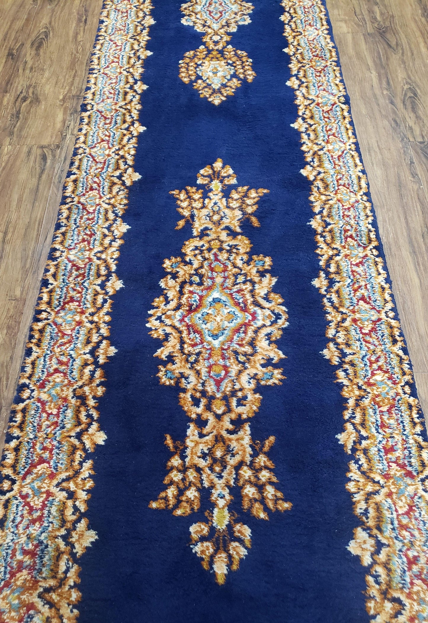 Semi Antique Dark Blue Persian Kerman Runner Hand Knotted Wool Open Field Medallion