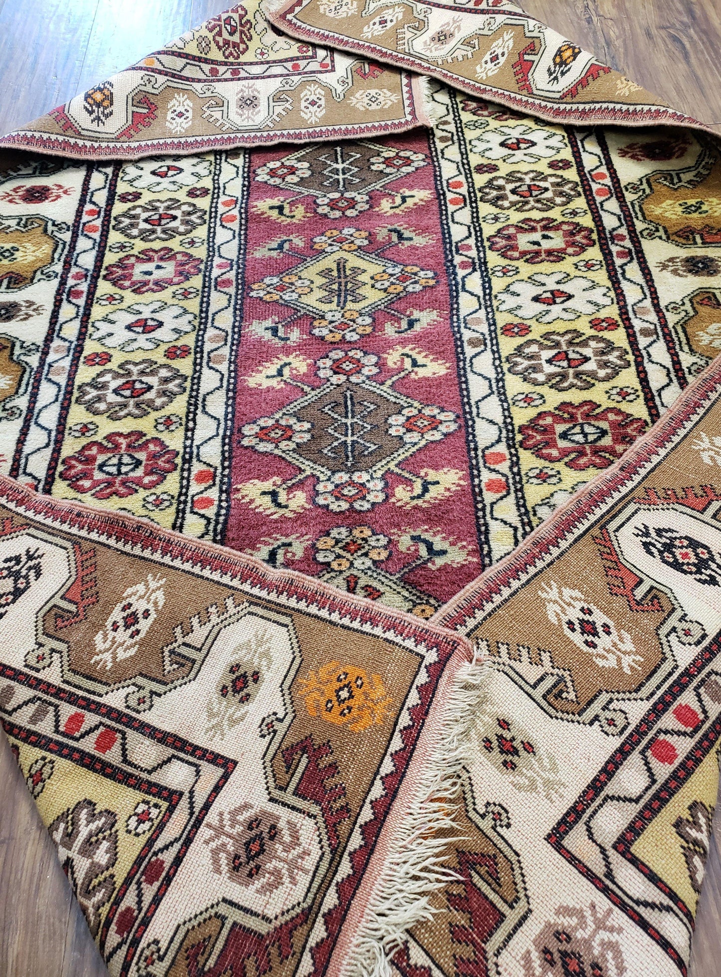 Turkish Caucasian Rug 4x7 Hand Knotted Wool Vintage Area Rug Cream Burnt Orange Carmine Red
