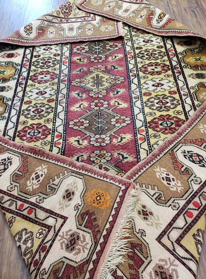 Turkish Caucasian Rug 4x7 Hand Knotted Wool Vintage Area Rug Cream Burnt Orange Carmine Red