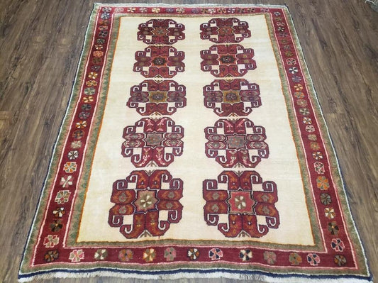 Vintage Persian Gabbeh Rug Hand Knotted In Dark Red And Cream 5 Feet By 6 Feet 4 Inches