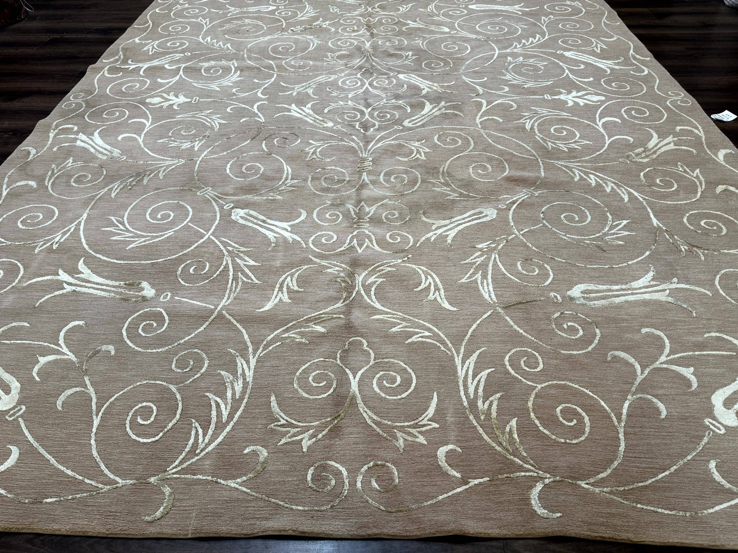 Tibetan Rug Hand Knotted Wool Silk 9x12 Beige Modern Handmade Carpet