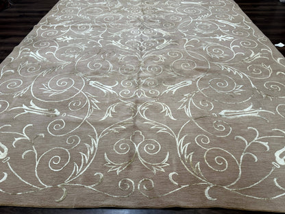 Tibetan Rug Hand Knotted Wool Silk 9x12 Beige Modern Handmade Carpet