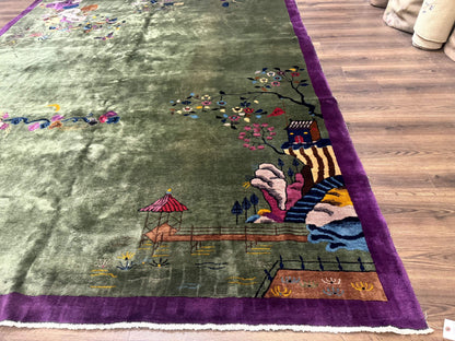 Antique Chinese Nichols Rug 9x12 Rare Green and Purple Art Deco Carpet