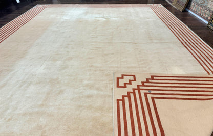 Modern Tibetan Rug 11 x 14.6, Wool and Silk, Simple Design, Handmade Large Area Rug, Cream