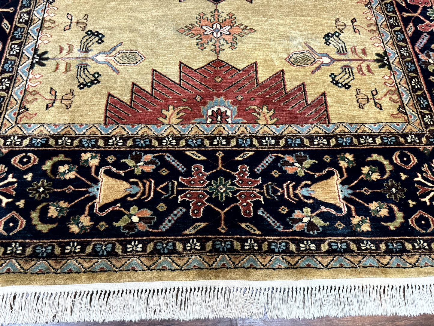 Indo Persian Heriz Rug 8x12 Hand Knotted Wool Decorative Vintage Area Rug Camel Hair Tan And Navy Blue