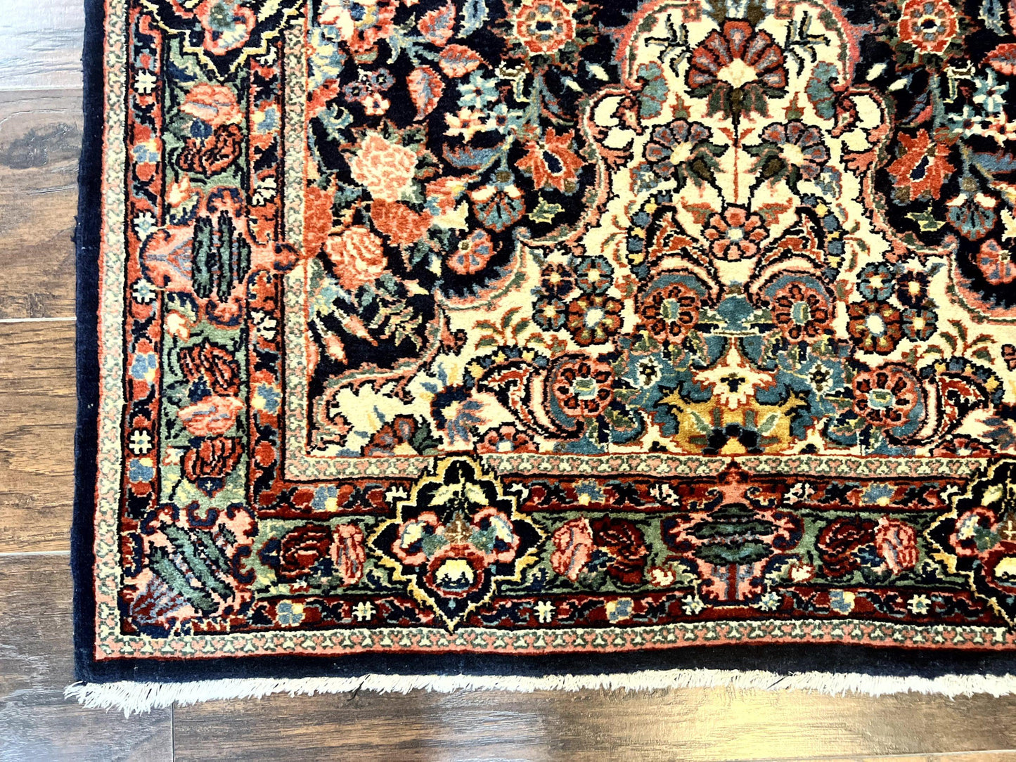 Persian Saoruk Rug 4x5 Navy Blue Red Floral Antique Wool Carpet Handmade