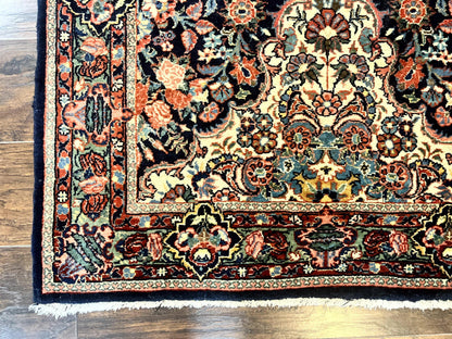 Persian Saoruk Rug 4x5 Navy Blue Red Floral Antique Wool Carpet Handmade