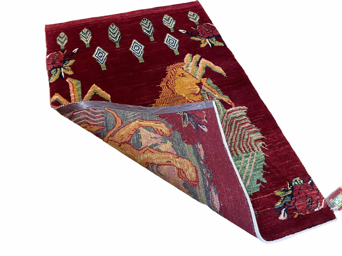 Handmade Wool Rug 3x5 Vintage Lion Pictorial Jungle Rug With Natural Dyes