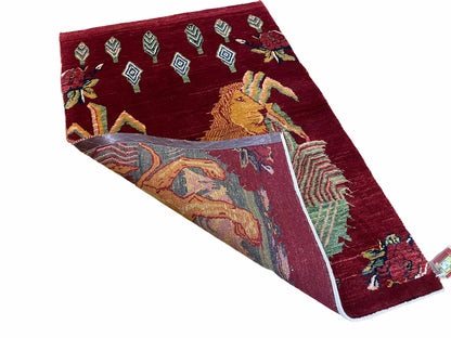 Handmade Wool Rug 3x5 Vintage Lion Pictorial Jungle Rug With Natural Dyes