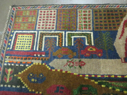 Vintage Afghan Balouch Tribal Wool Pictorial Rug 3x5 Handmade