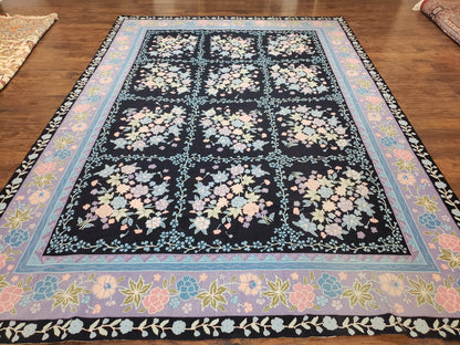 Chinese Needlepoint Rug Hand Woven Wool Vintage Floral Garden European Aubusson Design