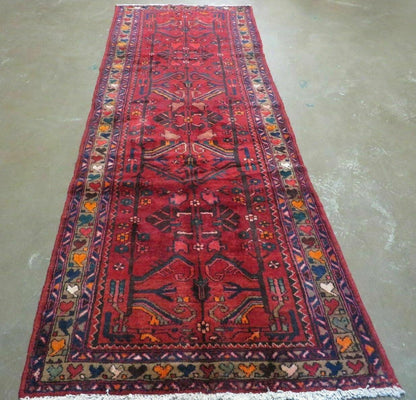 Antique Persian Hamadan Runner 3.4 x 9.7 -  Wool, Red and Navy Blue