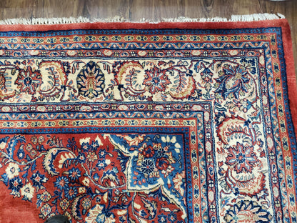 Semi Antique Persian Sarouk Rug 9x12 Hand Knotted Wool With Central Medallion Tomato Red