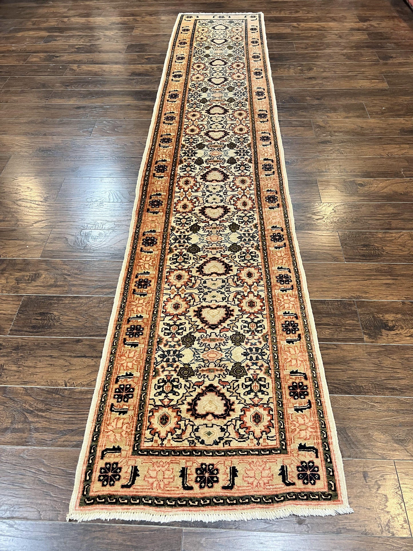 Romanian Runner Rug 2.6 x 12.9, Wool Handmade Hand Knotted Skinny Runner for Hallway, Floral Allover, Vintage Tan Runner