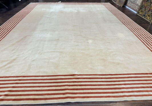 Modern Tibetan Rug 11 x 14.6, Wool and Silk, Simple Design, Handmade Large Area Rug, Cream