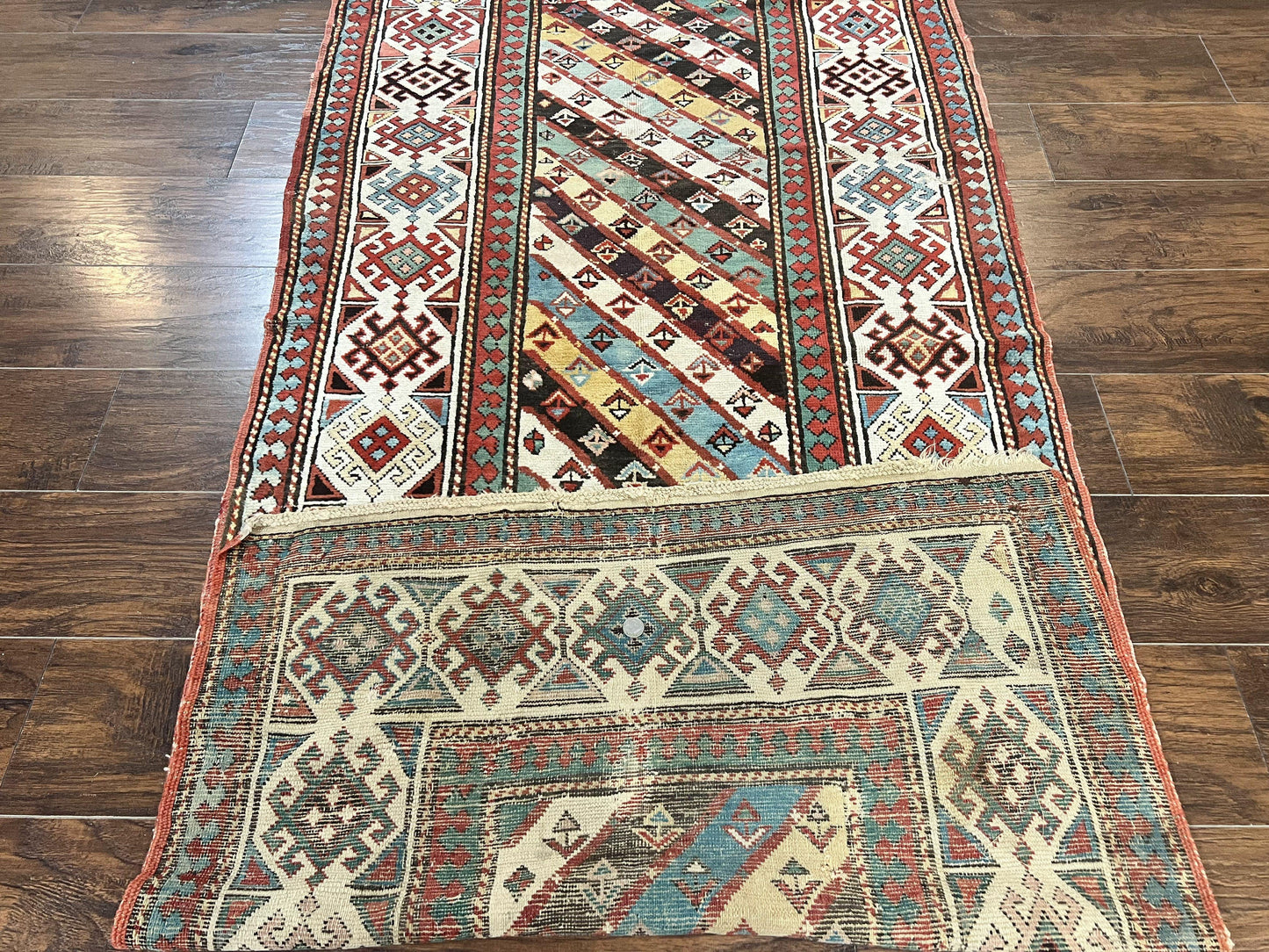 Caucasian Kazak Runner Rug 3.6 x 8, Wool Hand Knotted Antique 1880s Carpet, Ivory & Multicolor Stripes Oriental Runner Rug, Hallway Rug