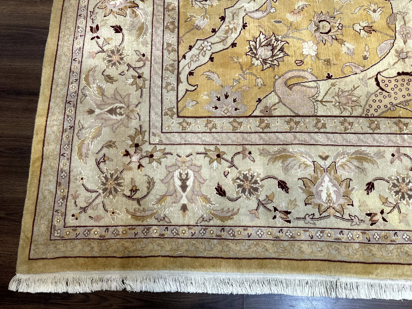 Sino Persian Rug 8x11, Wool with Silk Highlights, Unique Colors, Gold and Light Green, Fine 240 KPSI