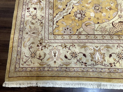 Sino Persian Rug 8x11, Wool with Silk Highlights, Unique Colors, Gold and Light Green, Fine 240 KPSI