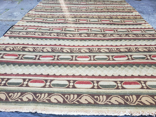 Large Vintage Striped Rug, Handmade, Earth Tone Decor, Beiges Slate Gray Dark Red, Flatweave Indian Striped Carpet, Indian Kilim 10x14, Wool