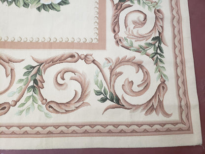 Elegant Aubusson Rug 10 x 14, Cream and Ivory Simple Aubusson Floral Carpet, Hand-Woven, European, New Aubusson Rug, Wool Area Rug, Violins