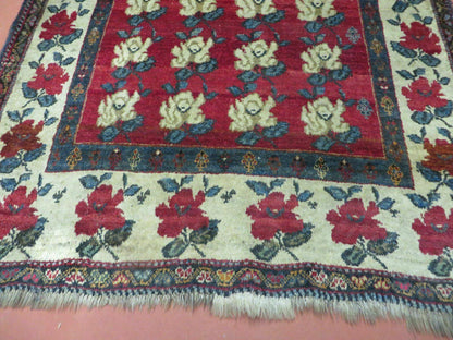 Turkish Floral Wool Rug Handmade Semi Antique 45x58 Inches