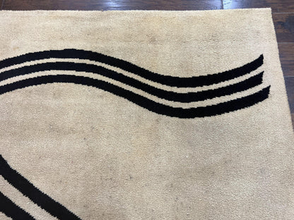 Modern Rug 6x9 Cream and Black Abstract Pattern Wool Area Rug