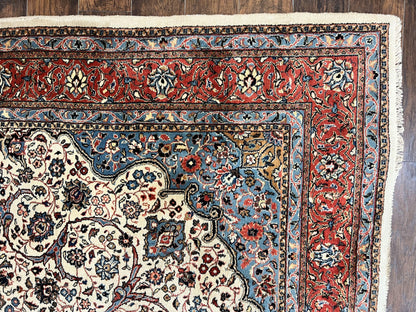 Persian Sarouk Rug 8x12 Hand Knotted Wool Antique Carpet With Cream Red Floral Medallion