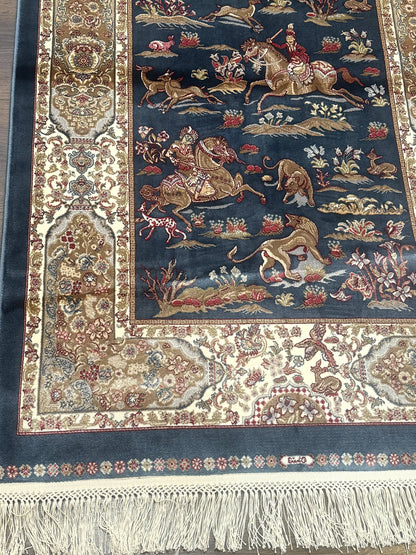 Turkish Silk Hunting Scene Rug 2.6 x 5 Feet Dark Steel Blue And Ivory Bamboo Silk Area Rug