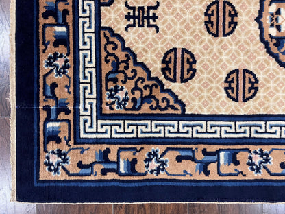 Peking Rug 3x5 Hand Knotted Wool Antique Chinese Carpet Blue Ivory Tan Vintage