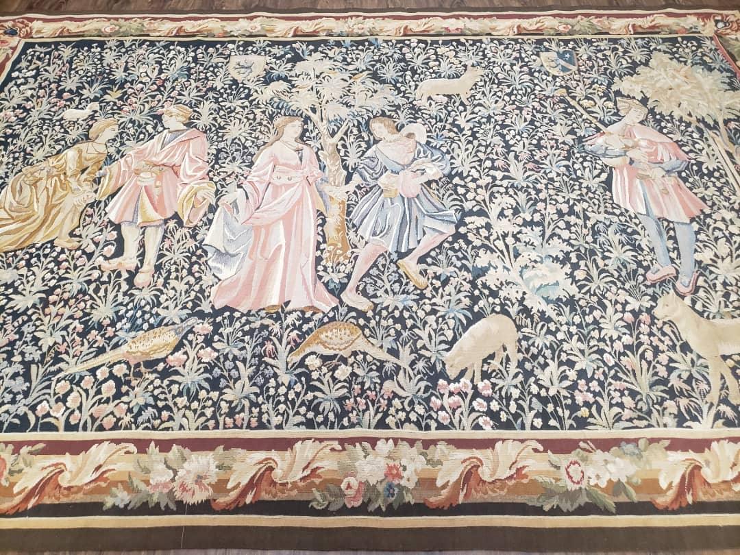 Vintage European Tapestry Aubusson Weave Wool Wall Hanging Courtship Scene Animals