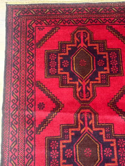 Balouch Afghan Rug 4x7 Hand Knotted Wool Contemporary Tribal Carpet Red And Navy