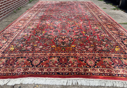 Large Antique Persian Sarouk Rug 11x18, Red, Floral Allover, Palace Size Wool Handmade Carpet