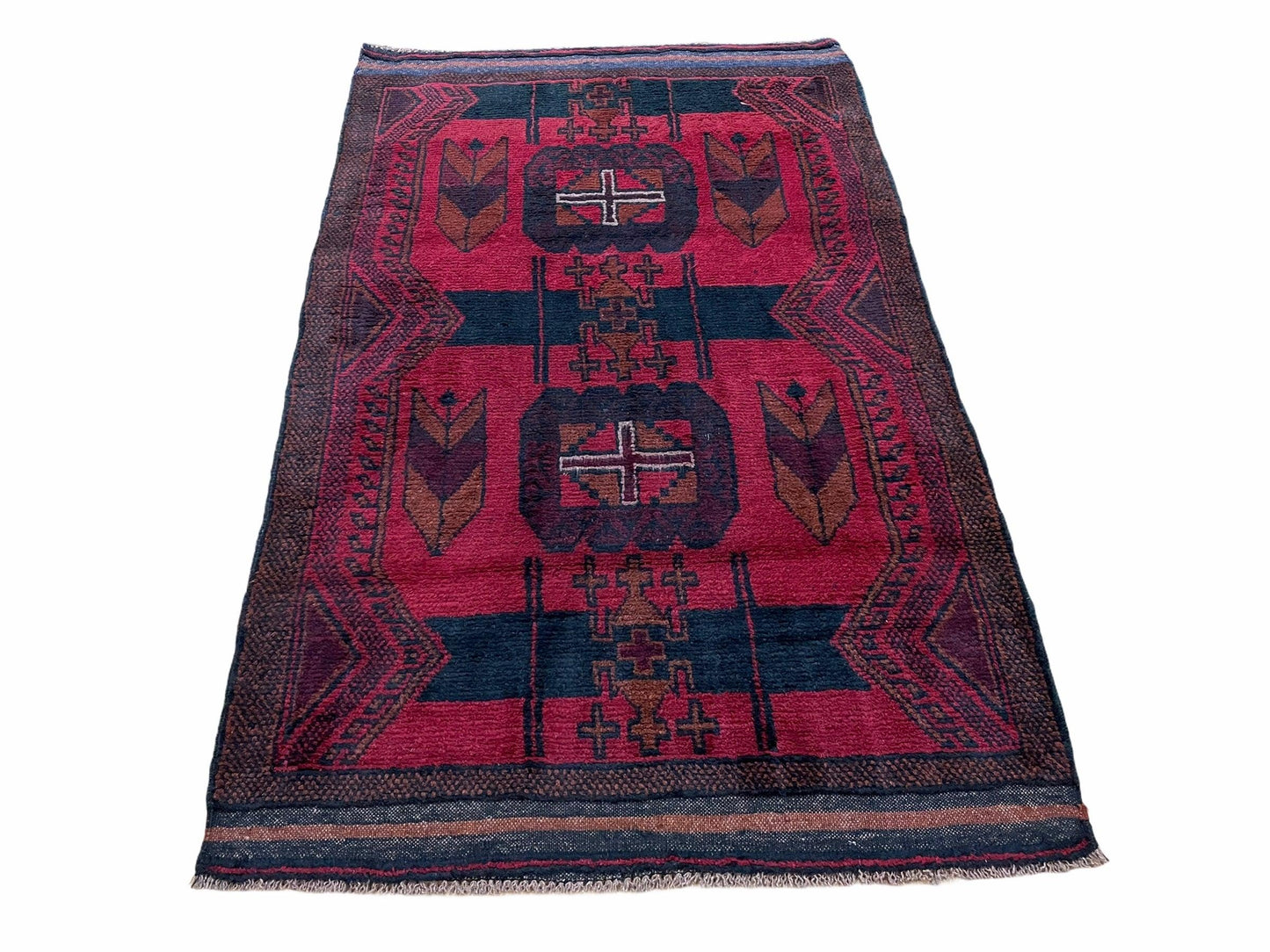 Balouchi Rug Vintage Hand Knotted Afghan Wool Tribal Area Rug Red Black