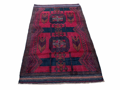 Balouchi Rug Vintage Hand Knotted Afghan Wool Tribal Area Rug Red Black