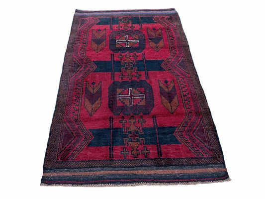 Balouchi Rug Vintage Hand Knotted Afghan Wool Tribal Area Rug Red Black