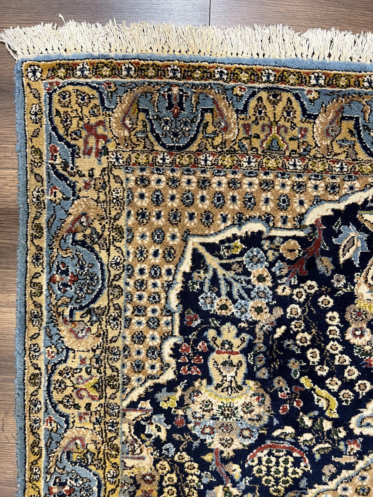 Fine Persian Qum Rug 3x5, Semi Antique Vintage Oriental Ghom Carpet, Floral Medallion, Highly Detailed, Hand Knotted, Navy Blue, Wool Area Rug, Birds