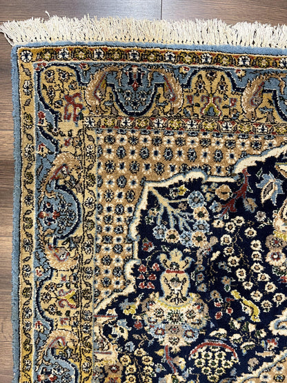 Fine Persian Qum Rug 3x5, Semi Antique Vintage Oriental Ghom Carpet, Floral Medallion, Highly Detailed, Hand Knotted, Navy Blue, Wool Area Rug, Birds