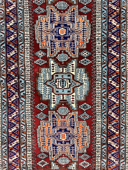 Kazak Rug Vintage Handmade Wool 3x5 Ft Pakistani Geometric Dark Red Oriental Carpet